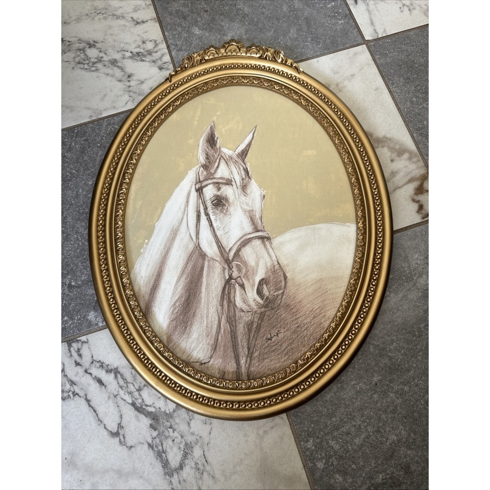 Vintage Gold Framed Wall Art Decor Horse Etching Sketch Canvas 21" X 16"